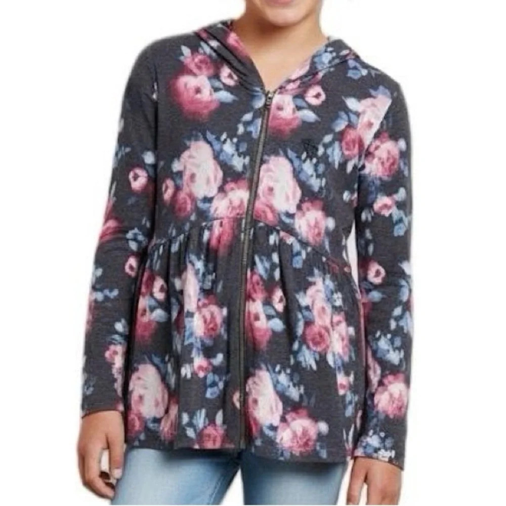 Abercrombie Kids Floral Rose gray Peplum Zip Up Hoodie Cardigan Size 13/14‎ NWOT